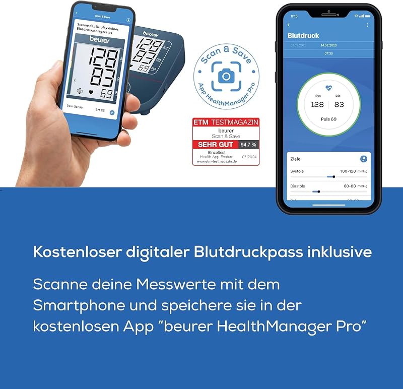 BM 25 Oberarm Blutdruckmessgerät, einfache Ein-Knopf-Bedienung, genaue Messung, Arrhythmie-Erkennung, mit USB-C-Anschluss, Manschette, Datenübertragung zu Apple Health und co., Blau