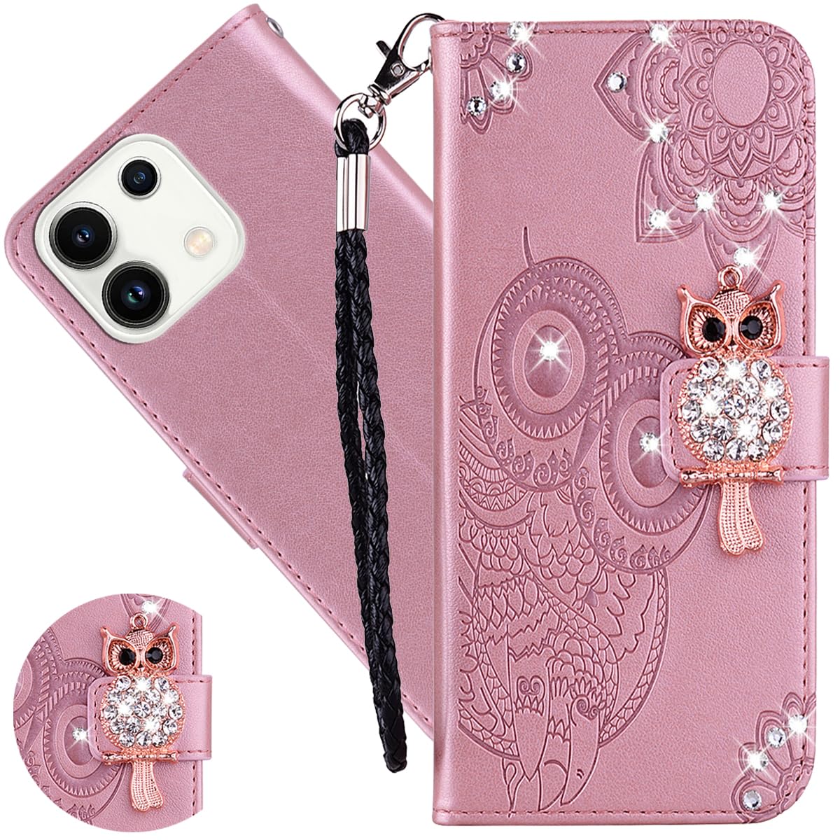 Ysnzaq Owl Embossed Case for Xiaomi Redmi Note 13 Pro 5G, Bling Glitter Sparkly PU Leather Wallet Shockproof Cover with Card Slots Kickstand for Xiaomi Redmi Note 13 Pro 5G / Poco X6. YK Rose Gold