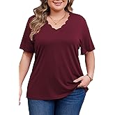 Women's Plus Size Short Sleeve Tops Curved V Neck Casual Loose Fit Shirts Summer Blouses 2025 Trendy Clothes