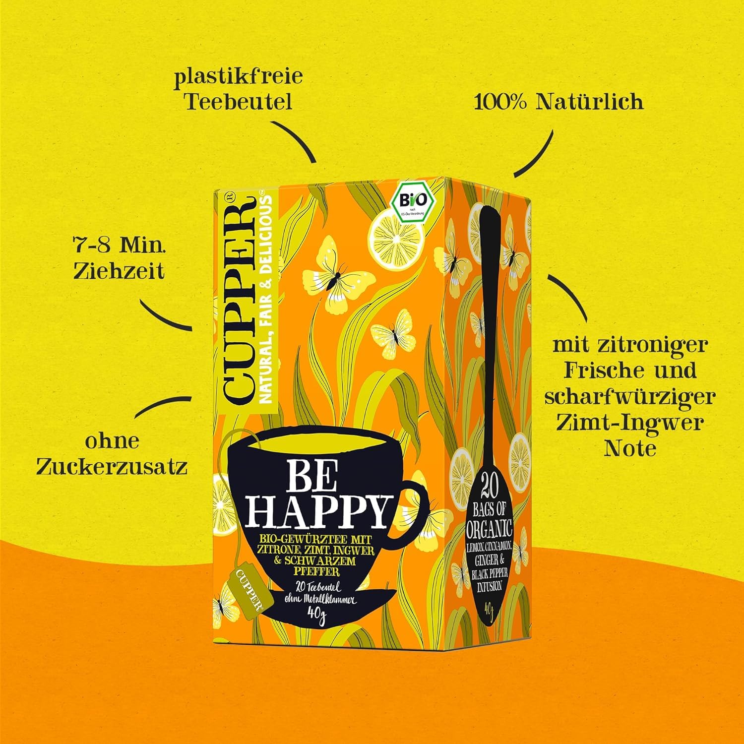 Cupper Be Happy Bio-Gewürztee mit Zitrone, Zimt, Ingwer und Schwarzem Pfeffer, 40 g , 20 Stück (1er Pack) 2