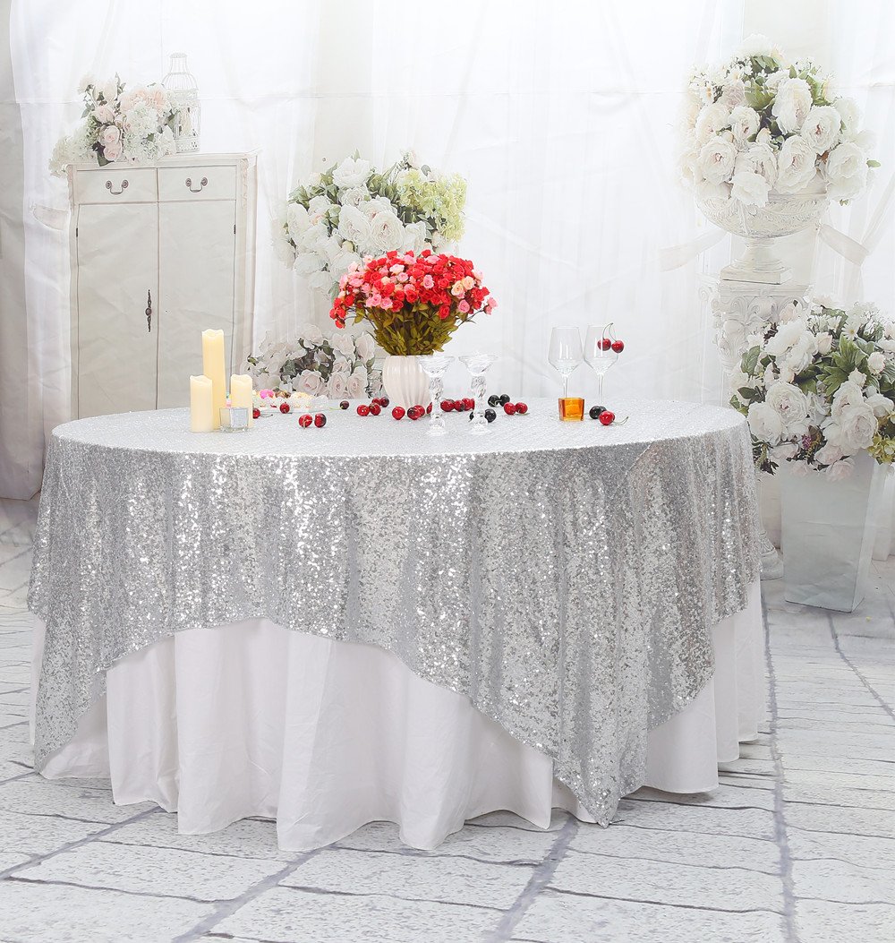 PartyDelight Silver Sequin Tablecloth Square Sparkly Table Cloth Overlay 70"x 70" — image 1