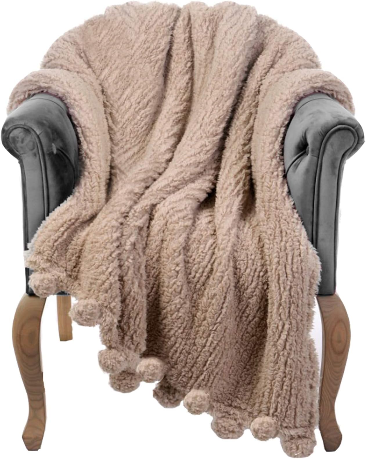 Sherpa Throw Blanket for Couch - 50x60, Beige with Pom Poms - Fuzzy, Fluffy, Plush, Soft, Cozy, Warm - Perfect Throws for Bed, Sofa, Couches