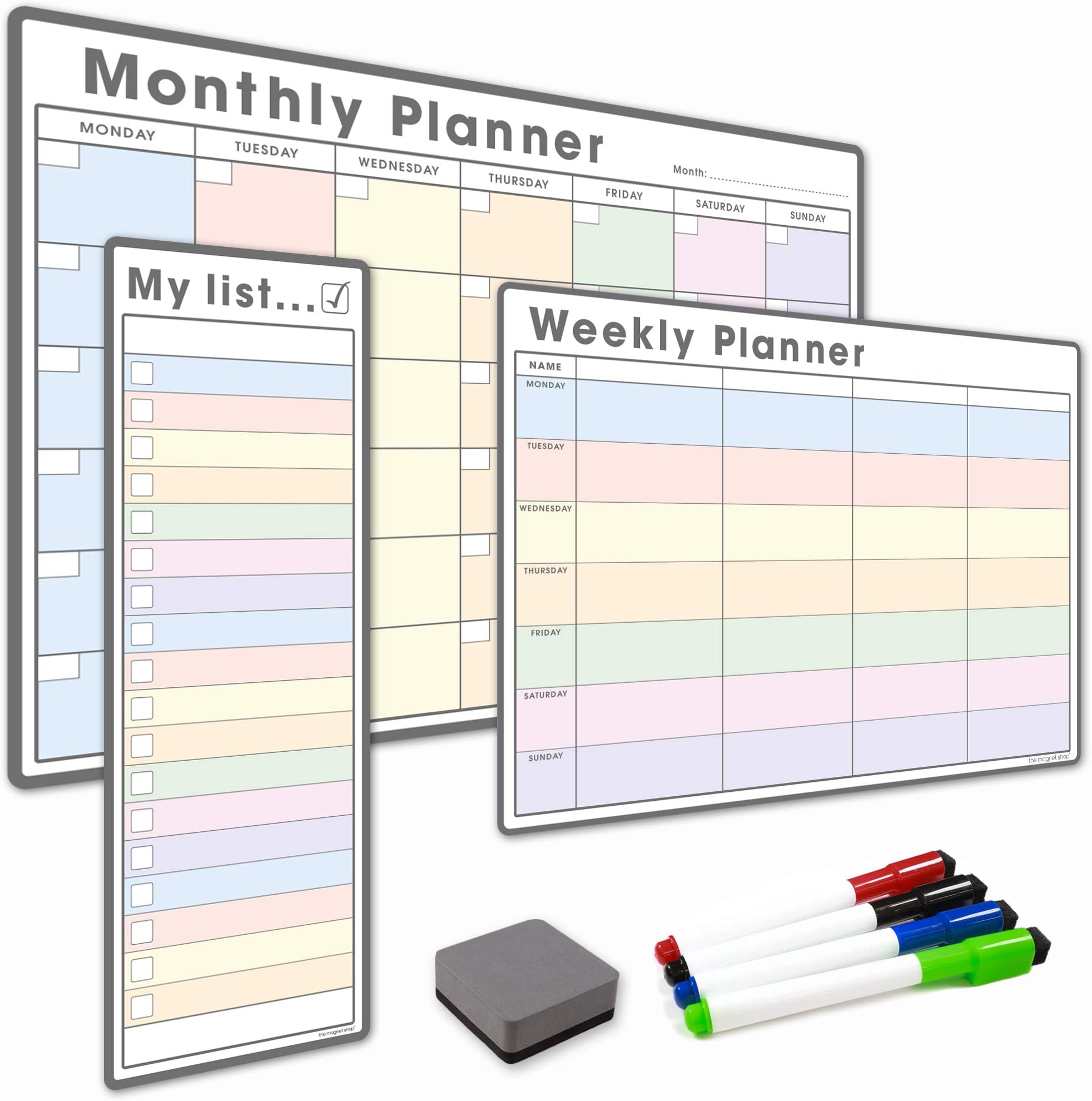 TMS #1 Magnetic Whiteboard Planner Pack/Custom Dry Erase Set | Weekly Planner, My List, Monthly Calendar | 4 Dry Wipe Marker Pens, Eraser (Pastel, Bundle 1)