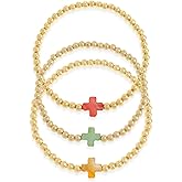 Tyebiva Gold Beaded Cross Shell Bracelets Set for Women, 3Pcs Boho Handmade Stackable Beads Party Jewelry Gift.