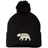 Go All Out Adult Mama Bear Embroidered Knit Beanie Pom Cap