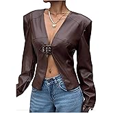 MakeMeChic Women's PU Leather Jacket V Neck Long Sleeve Coats Fall Outerwear with Belt