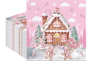 Fitumiw 80Pcs Pink Gingerbread House Paper Napkins Christmas Cute Gingerbread Disposable Napkins Xmas Candy House Printed Decorative Napkins for Party Supplies Table Decor
