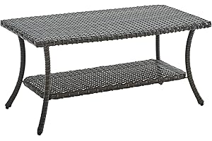 HUMMUH Wicker Patio Coffee Table,Rattan Outdoor Coffee Table with 2-Layer Storage Furniture Tables for Garden,Porch,Backyard (Grey)