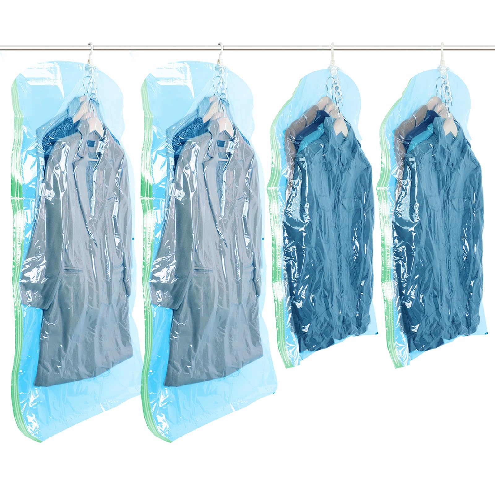 Hanging Vacuum Storage Bags, 4 Combo Vacuum Pack Bags for Clothes Reusable Space Saver Bags Vacuum Compression Storage Bags for Winter Coats Wardrobe Coats, Suits & Dresses Garment 5-Ring Hangers