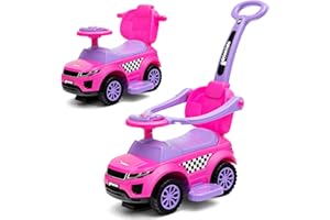 OLAKIDS 4 in 1 Ride on Push Car, Toddlers Stroller Sliding Walking with Horn, Music, Lights, Removable Guardrails and Handle, Underneath Storage, Baby Foot-to-Floor Walker Boys Girls (Pink)