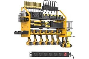 Power Tool Organizer with Charging Station,Wall Mount Heavy-Duty Metal Tool Storage Rack with 8 Drill Holder &6 Outlet Power 