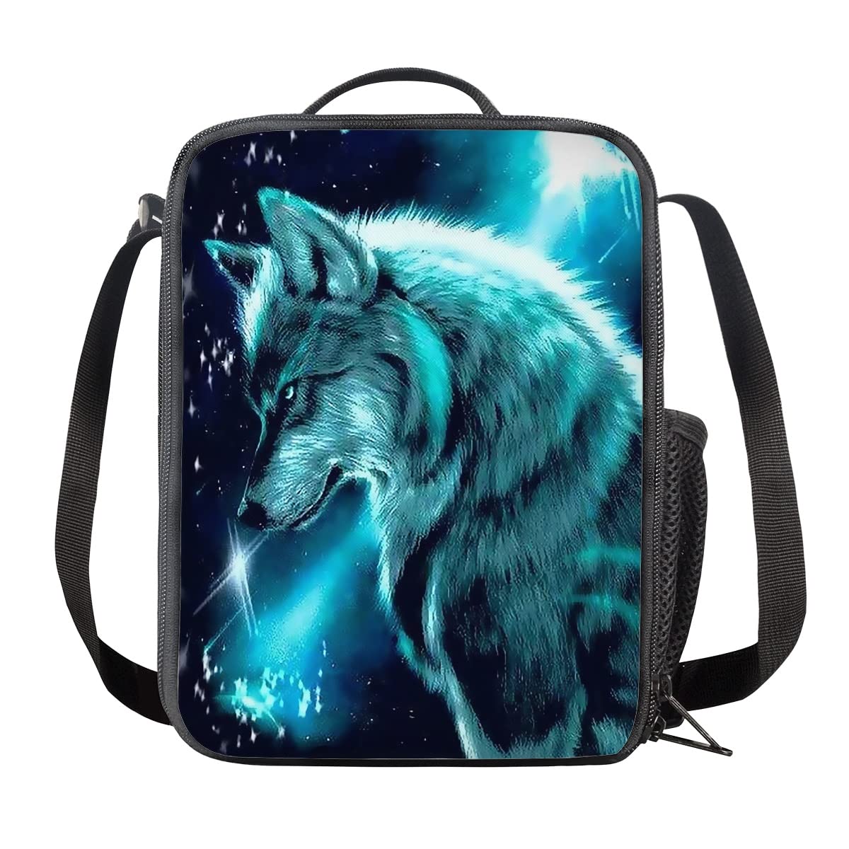 Amzbeauty Teal Galaxy Wolf Print Lunch Bag for School Kids Boys Girls Small Lunch Box Insulated Lunch Container with Adjustable & Removable Tote Bag