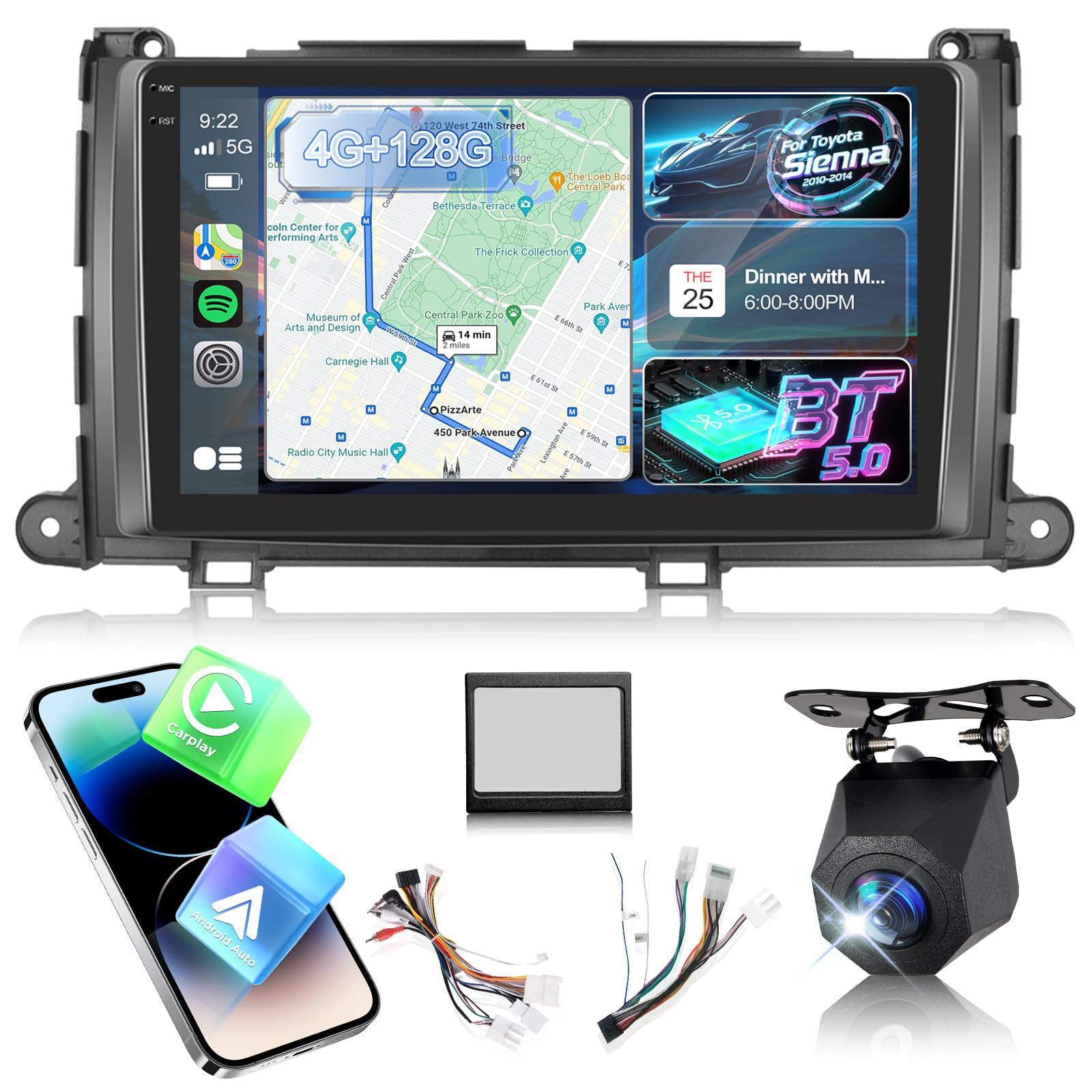 Photo 1 of [4+128G] Upgrade Radio for Toyota Sienna 2010-2014, 9 inch Android IPS Incell Touchscreen Stereo - Wireless Carplay and Android Auto, 5G/WiFi, GPS, Custom Homepage, BT 5.0 + Backup Camera + Canbus