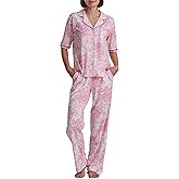 Karen Neuburger Women's Button Up Notch Collar Elbow Sleeve Top and Pant Bottom with Lace 2-Piece Pajama Set