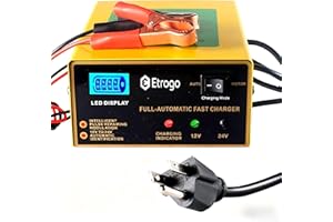 Etrogo Intelligent 12V 24V 10A Car Battery Charger Maintainer 250W Fully Automatic with Screen,Pulse Repair for Car Boat Moto