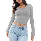 Womens Long Sleeve Crop Top Scoop Neck Sexy Slim Fitted Casual Base Layer Lightweight Soft Workout Shirt Going Out Tops