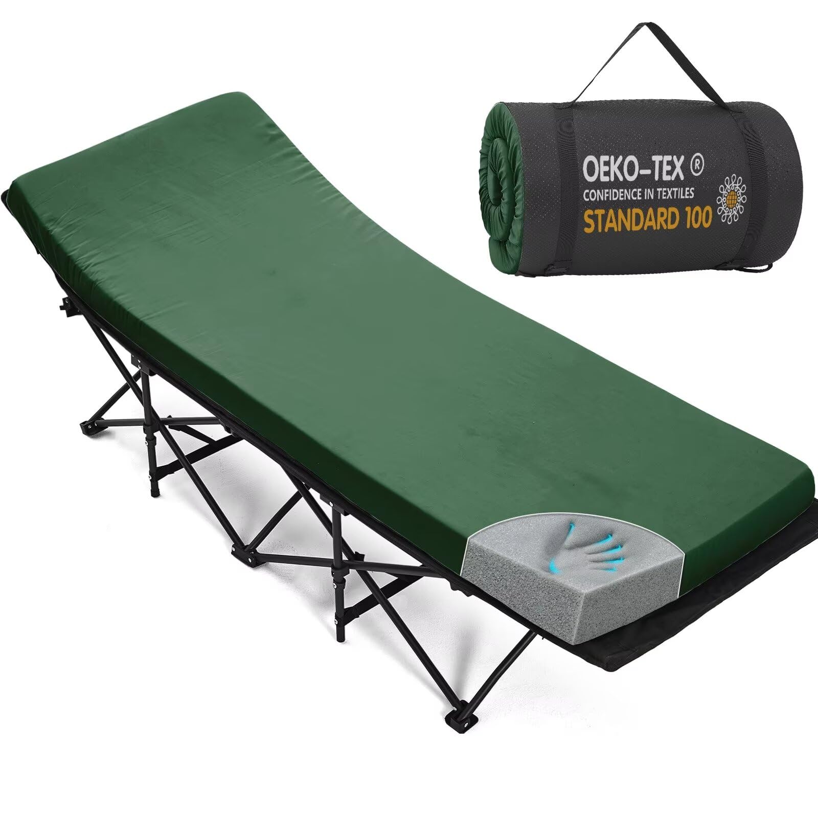 Photo 1 of CYMULA Camping Cot Mattress 2in Memory Foam Sleeping Pad,Soft Warm Non-Slip Camping Mattress Topper with Retaining for Adults,Portable Roll up Pad for Travel(Green 75"x30")