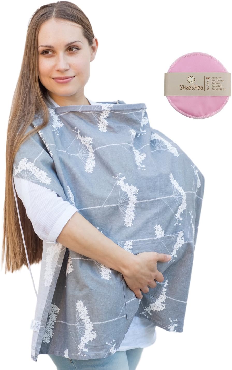 SHaaSHaa bundle Nursing Cover dark gray with Nursing Pads(two pink units, one pair)