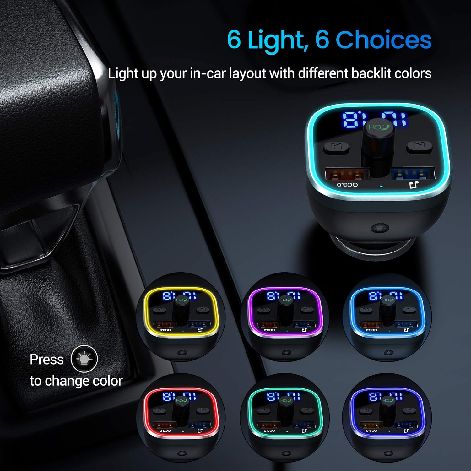 Weback Bluetooth FM Transmitter for Car, BT 5.0 &QC3.0 Wireless Bluetooth FM Audio Adapter Music Player Car Kit with LED Backlit, Hands-Free Calling, 2 USB Ports, Hi-Fi Music, Support U Disk/TF Card