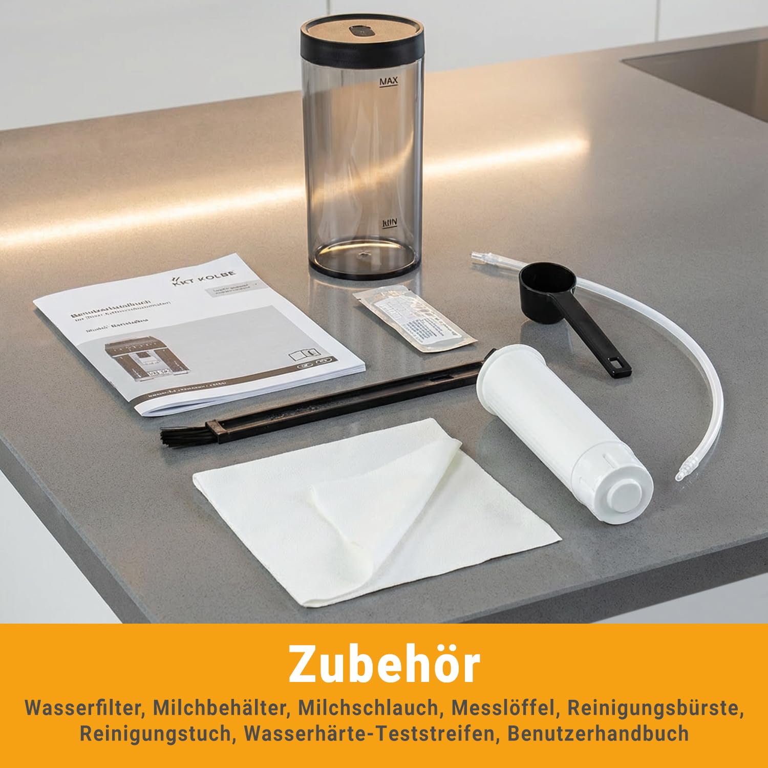 KKT KOLBE Kaffeevollautomat mit Milchbehälter, Milchschaumdüse und Zubehör, 2 Tassen Funktion, 15 Bar, 7-stufiges Mahlwerk, Touchscreen, Automatische Reinigung, 7 Getränke Barista One, schwarz silber 8