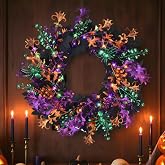 16-Inch Lighted Halloween Wreath, 40 LEDs, 6-Hour Timer, Maple Leaf | 40 Multicolor LEDs with 6-Hour Timer; Battery Powered with Pumpkins, Bats, Spiders and Cobwebs for Porch, Wall or Table Decor