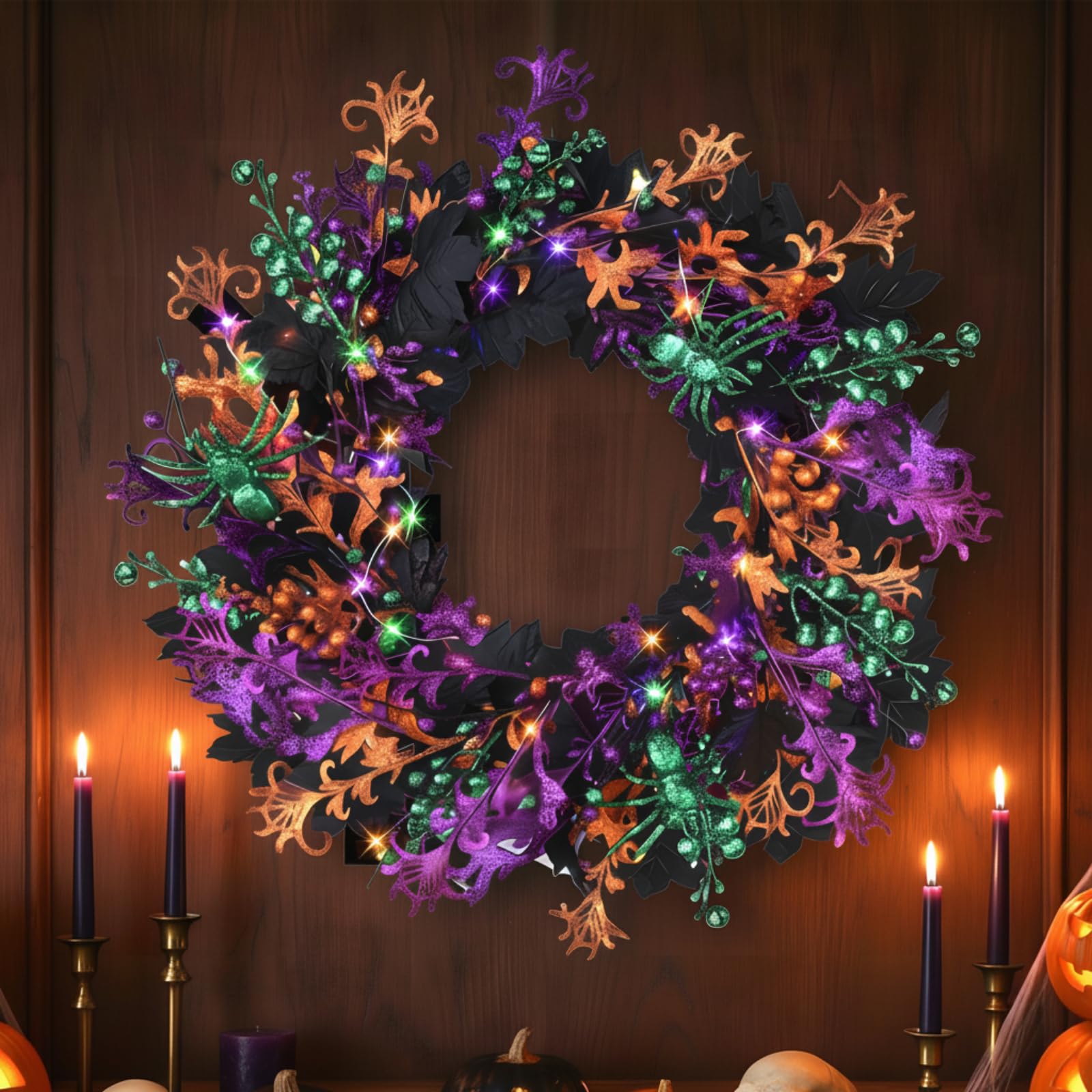 Photo 1 of Enhon 16 Inch Halloween Wreath for Front Door with 40 LED Lights, Multicolor Halloween Door Wreath Decorations for Home Porch Table Centerpiece Window Party Holiday Wall Decor(Maple Leaf Style)