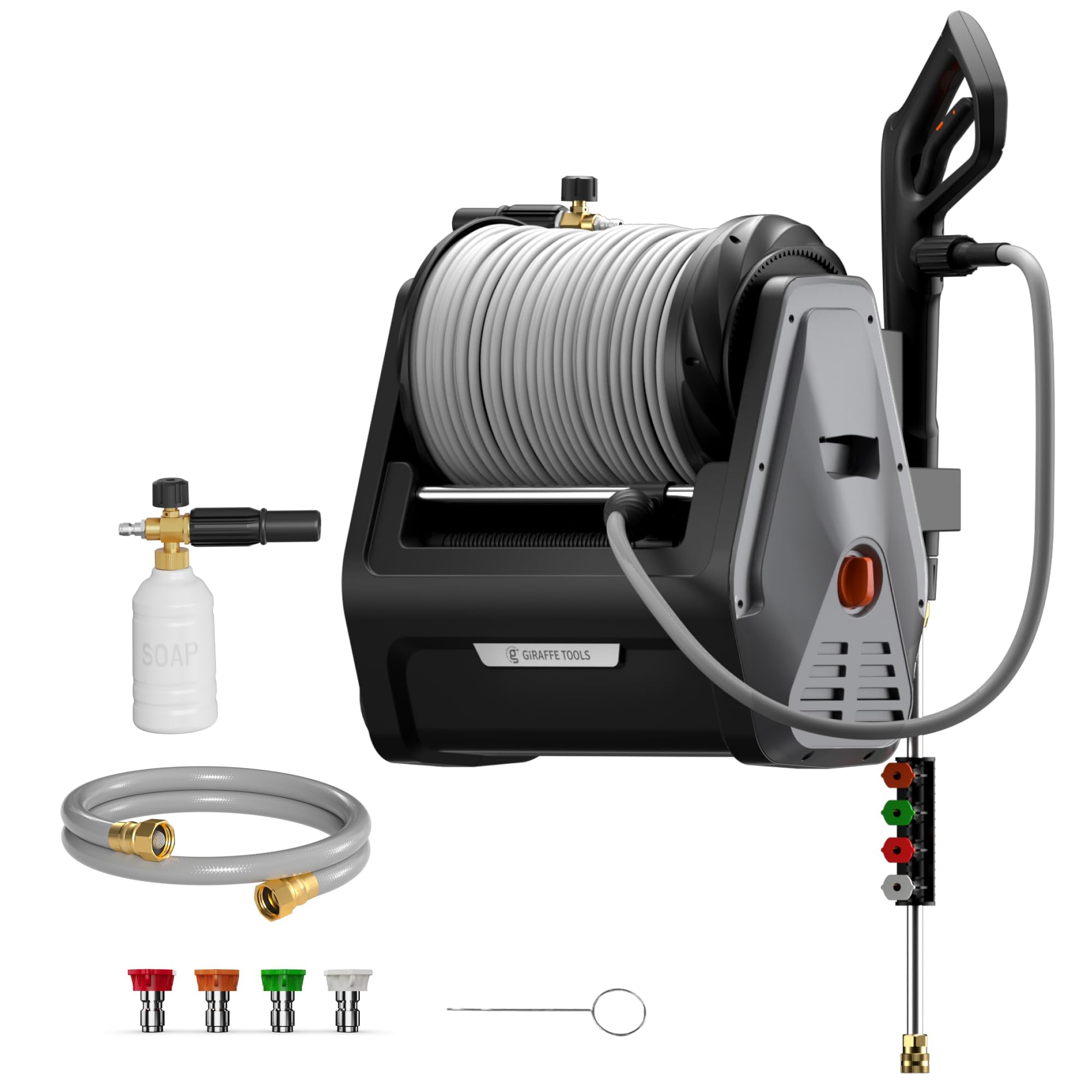 View 1 of Giraffe Tools Grandfalls Pressure Washer Plus+, Electric Wall Mount Power Washer with 100FT Ultra-Soft Pressure Hoses, 2400PSI, 2.0GPM, 4 Nozzles, Foam Cannon for Cars/Patios, Dark Silver