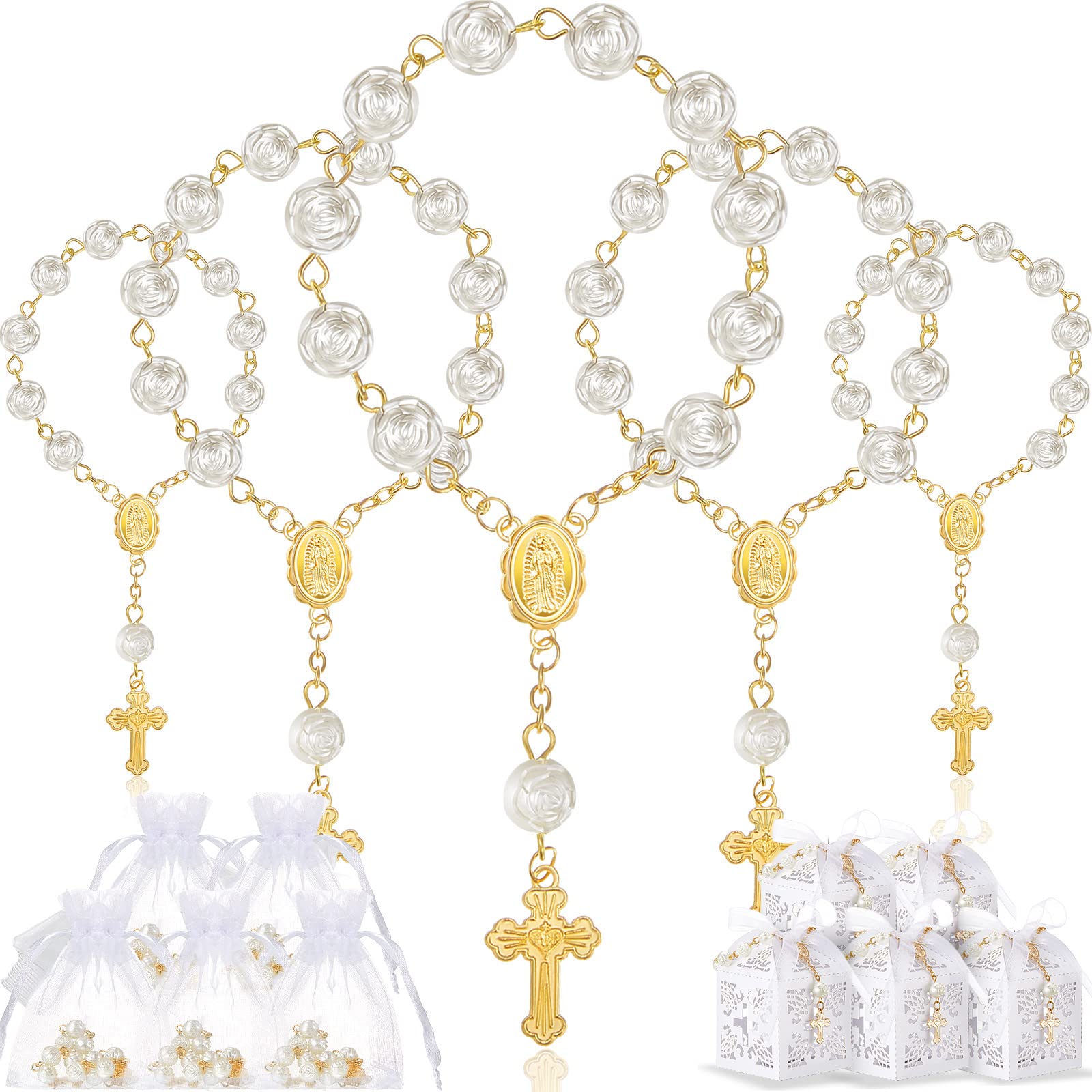 50 Packs Baptism Favors Set Acrylic Baptism Rosary Beads Faux Pearls with Organza Bags Recuerdo De Boda Y Bautizo for Christening Party Favors(Gold,Rose)