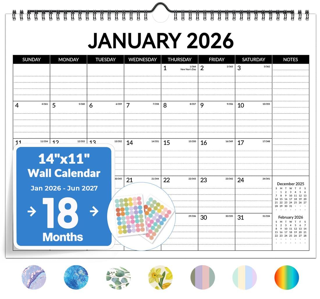 Photo 1 of 2026 Calendar, Forvencer 18-Month Wall Calendar 2026, Jan 2026 to Jun 2027, 14" x 11" Large Monthly Planner Calendars with Notes Section & Stickers, Ruled Block, Spiral Binding Hanging for Home Office