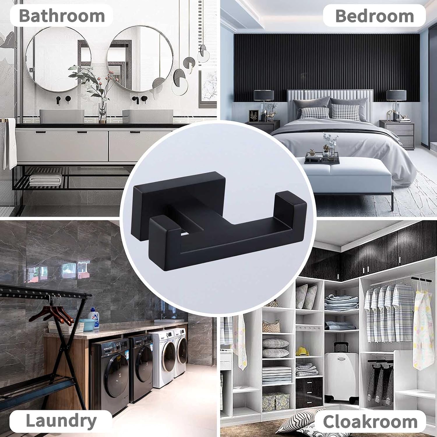Double Robe Hook, Angle Simple Stainless Steel Bath Towel Hook Coat Hook Purse Holder Kitchen Bathroom Shower Towels Dual Hook Washcloths Jackets Holder Wall Mount, Matte Black - - 