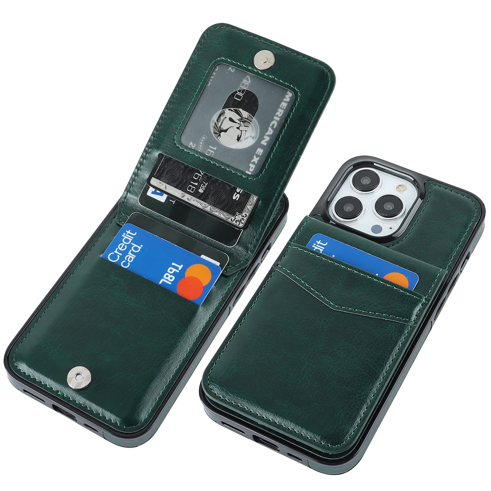 Photo 1 of KIHUWEY Compatible with iPhone 13 Pro Case Wallet with Credit Card Holder, Premium Leather Magnetic Clasp Kickstand Heavy Duty Protective Cover for iPhone 13 Pro 6.1 inch(Green)