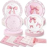 200 Pcs Pink Bow Paper Plates and Napkins,Conquette Birthday Supplies - Plates,Napkins and Forks Tableware for Girls Bachelorette-Serve 50