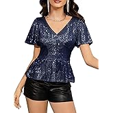 YHHOWEP Women's Sparkly Sequin Tops Ruffle Sleeve Glitter Blouses Sparkle Shirt Dressy Party Concert Disco Outfits 2025