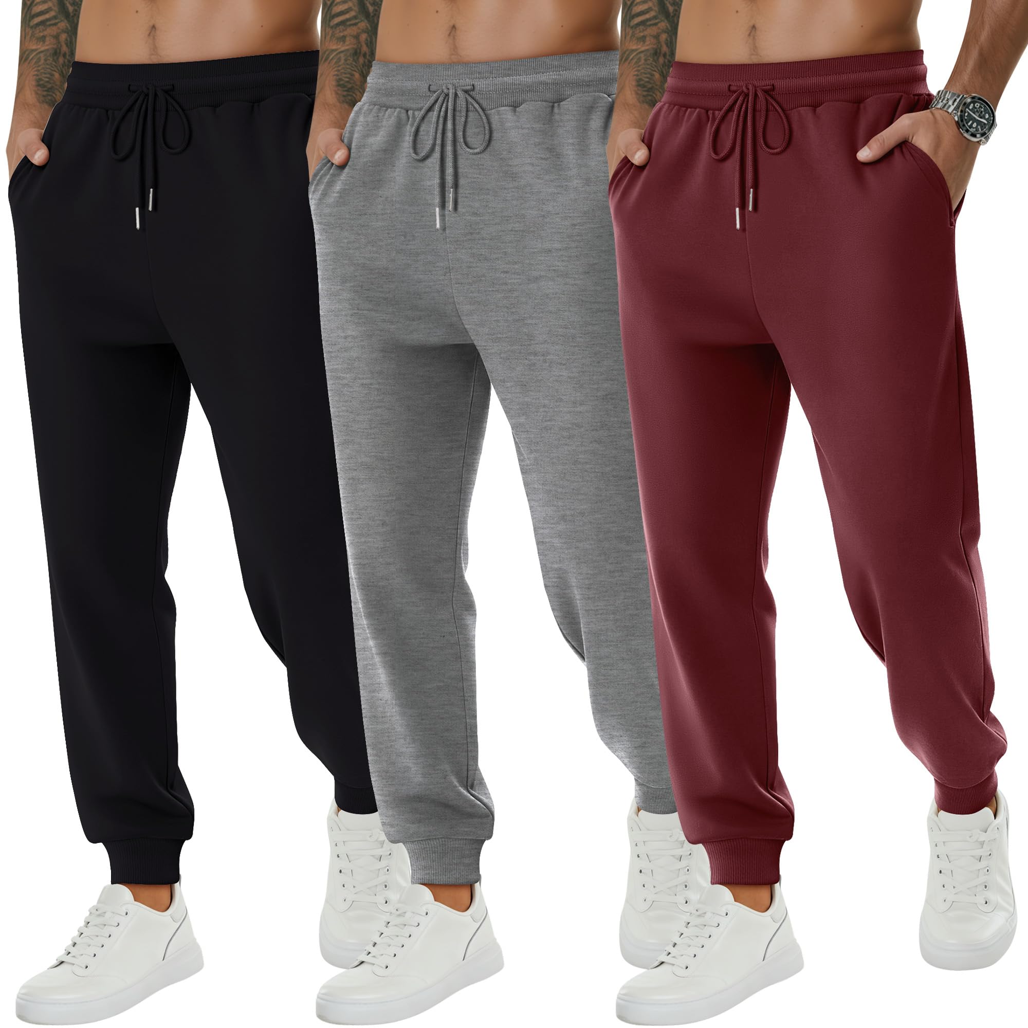 Photo 1 of August Alley 3 Pack Mens Big and Tall Sweatpants Athletic Plus Size Joggers Lounge Drawstring Elastic Bottom Pant with Pocket(Black, Light Mixed Gray, Wine Red,6X-Large)