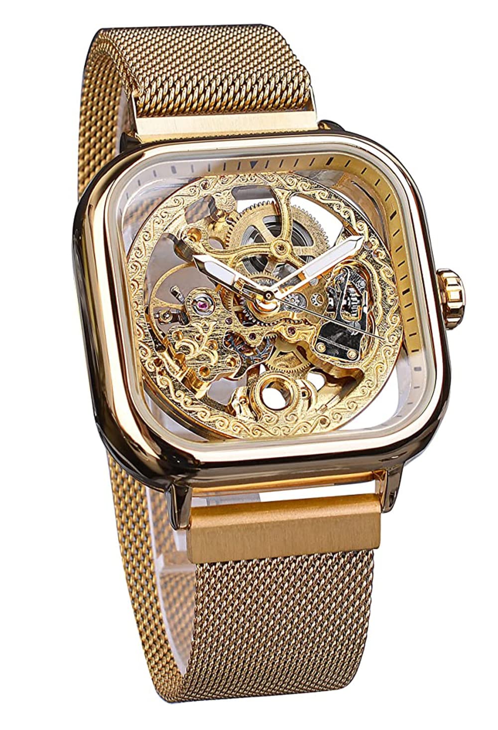 Relojes de pulsera de cuarzo analógicos de lujo para hombre, resistentes al agua, esfera con números romanos, reloj con calendario de acero chapado en oro IP (azul)