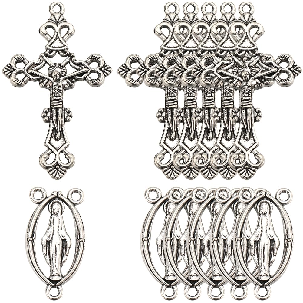SUNNYCLUE 1 Box 40Pcs Silver Crucifix Charms Rosary Cross Charms Vintage Easter Metal Oval Chandelier Links Alloy Connectors for jewellery Making Supplies DIY Necklaces Crafts Handmade
