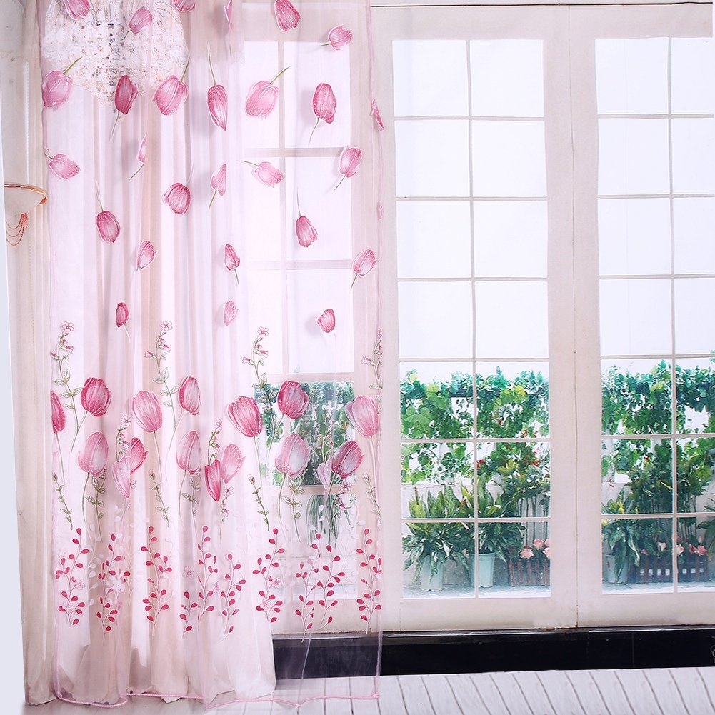 Tulle Curtain,Tulle Printing Curtain Colorful Tulips Printing Tulle Curtains Sheer Drape Balcony Window Decoration 100 * 200cm(Pink) curtains