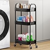 LIWNYRK 3 Tier Slim Metal Rolling Storage Cart for Laundry Room & Kitchen Organizer, 7.1'' Thin Standing Shelf for Narrow Spaces, Utility Cart with Wheels & Lockable Casters for Bathroom, Black