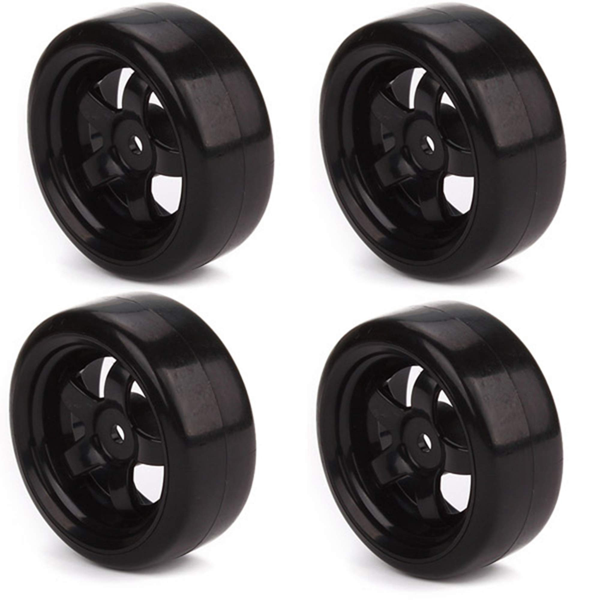 Mxfans 65mm OD Black Plastic 5 Spoke Wheel Rims & Smooth Tires for RC 1: 10 On-road Racing Car & Drift Car Pack of 4