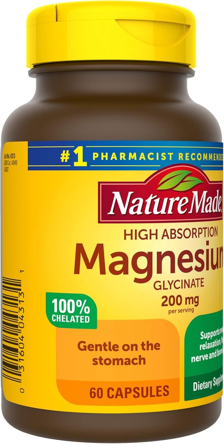 Nature Made High Absorption Magnesium Glycinate 200 mg, Supports Muscle Relaxation, Heart, Nerve, and Bone Health, Gentle on The Stomach, 100% Chelated, 60 Capsules: Health & Personal Care