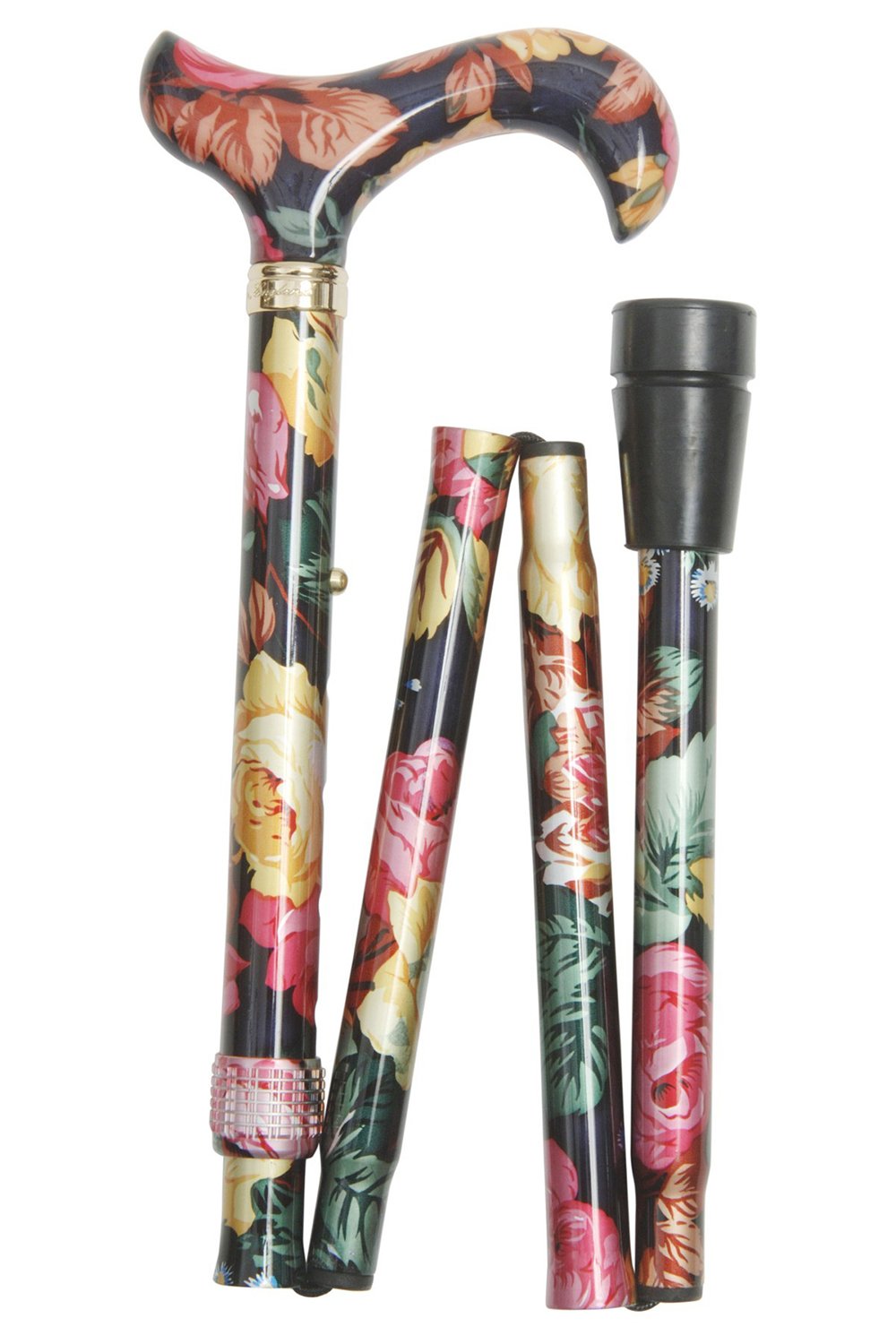 Classic Canes Ladies Adjustable Folding Floral Walking Stick Cane - Dark Multi Coloured