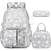 ACESAK Backpack for Girls - Girls Backpack with Lunch Bag & Pencil Pouch for Teen Kids Laptop Backpack for Women, Elementary Middle High School Bookbag Travel Daypack (Gray Daisy)