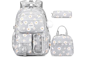 ACESAK Backpack for Girls - Girls Backpack with Lunch Bag & Pencil Pouch for Teen Kids Laptop Backpack for Women, Elementary Middle High School Bookbag Travel Daypack (Gray Daisy)