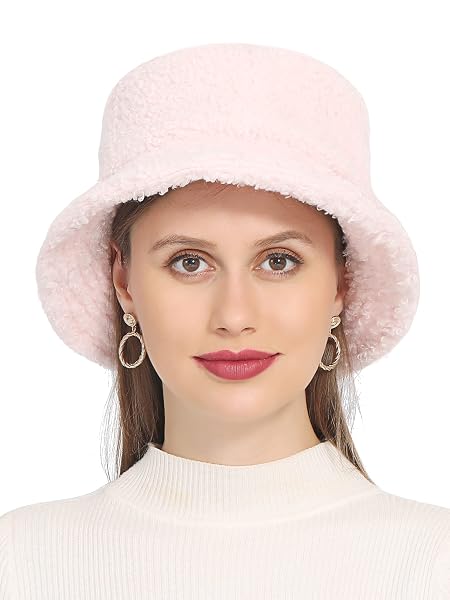 RULALA FANCY WOMEN’S FAUX FUR BUCKET HAT TEDDY STYLE CLOCHE HAT WINTER FURRY WARM FISHERMAN CAP(PINK)