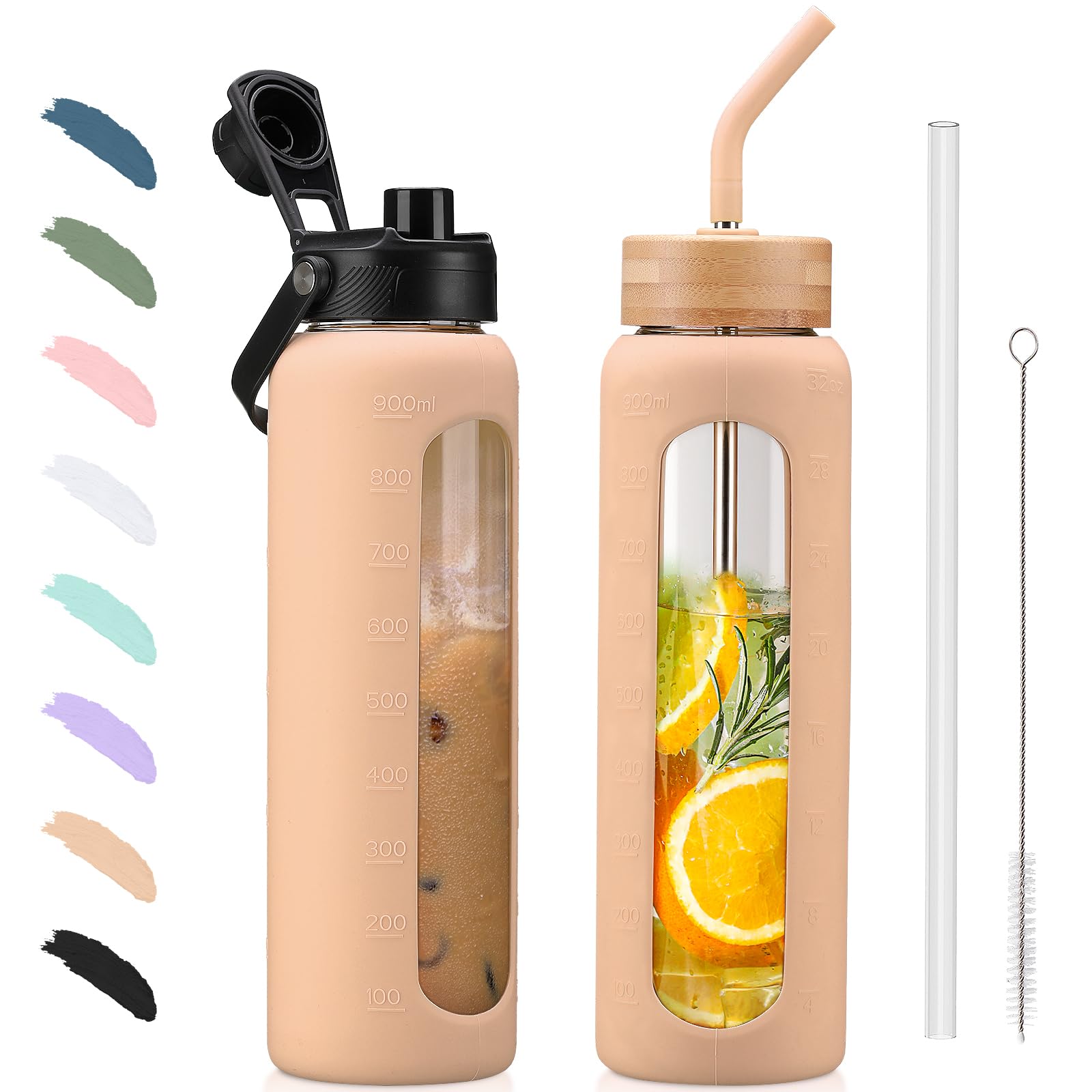 BLUEGO 900ml Glass Water Bottle with Straw and 2 Lids Glass Coffee Cup with Time Marker and Silicone Protector Glass Tumbler for Beverages Soda Cola BPA Free, Amber