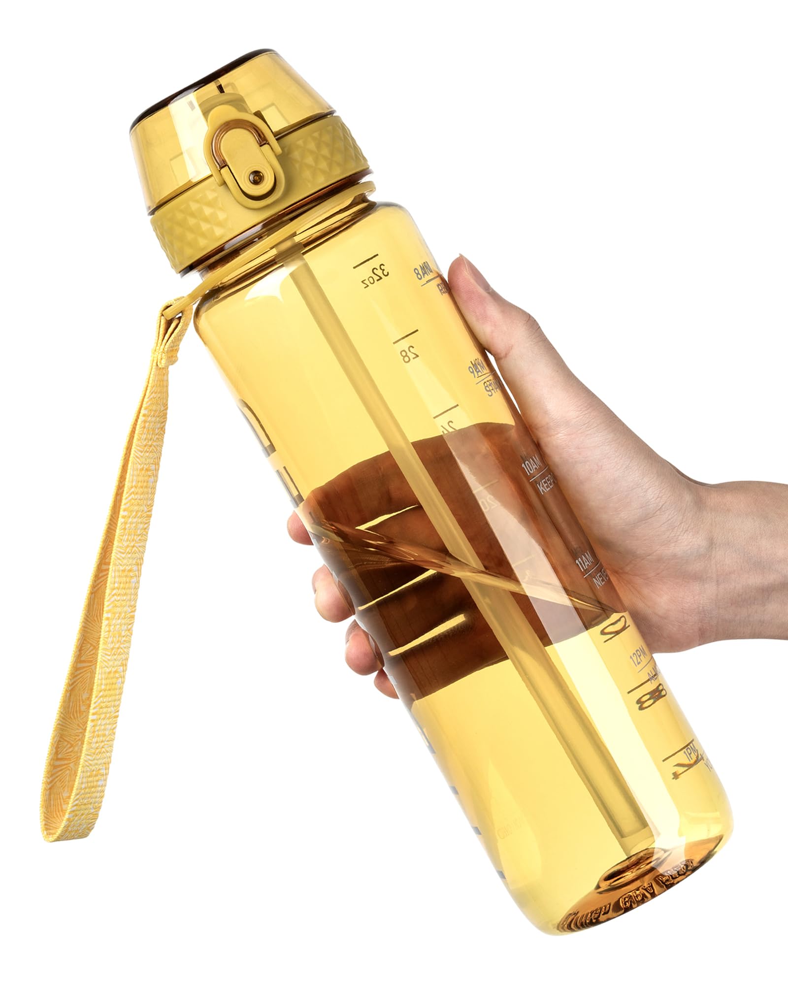 OLDLEY 1L Sports Water Bottle with Straw, Tritan 1 Litre Motivational Drink Bottle, BPA Free Leakproof Transparent Water Bottle with Time Marker for Cycling, School, Gym, Outdoor (Yellow)