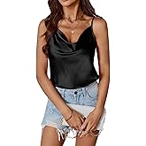 MakeMeChic Women's Silk Satin Camisole Cowl Neck Tank Tops Spaghetti Strap Bodysuit Shirts Summer Blouses
