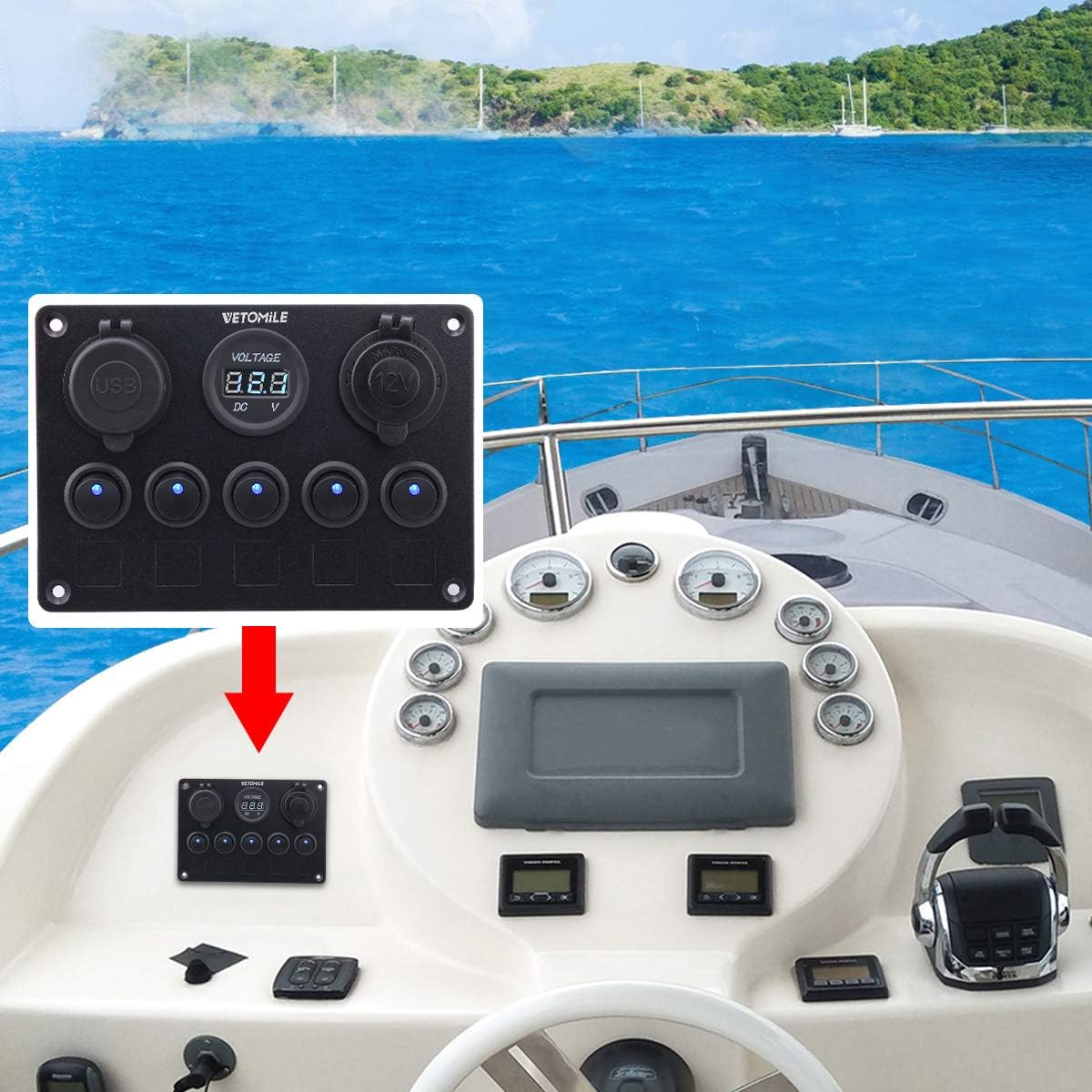 VETOMILE Boat Marin Rocker Switch Panel Waterproof 3 Pin 5 Gang Marine Fuse Digital Voltage Display Dual 5V/2.1A USB Charger Cigarette Lighter Socket 12V-24V for Car Truck: Automotive