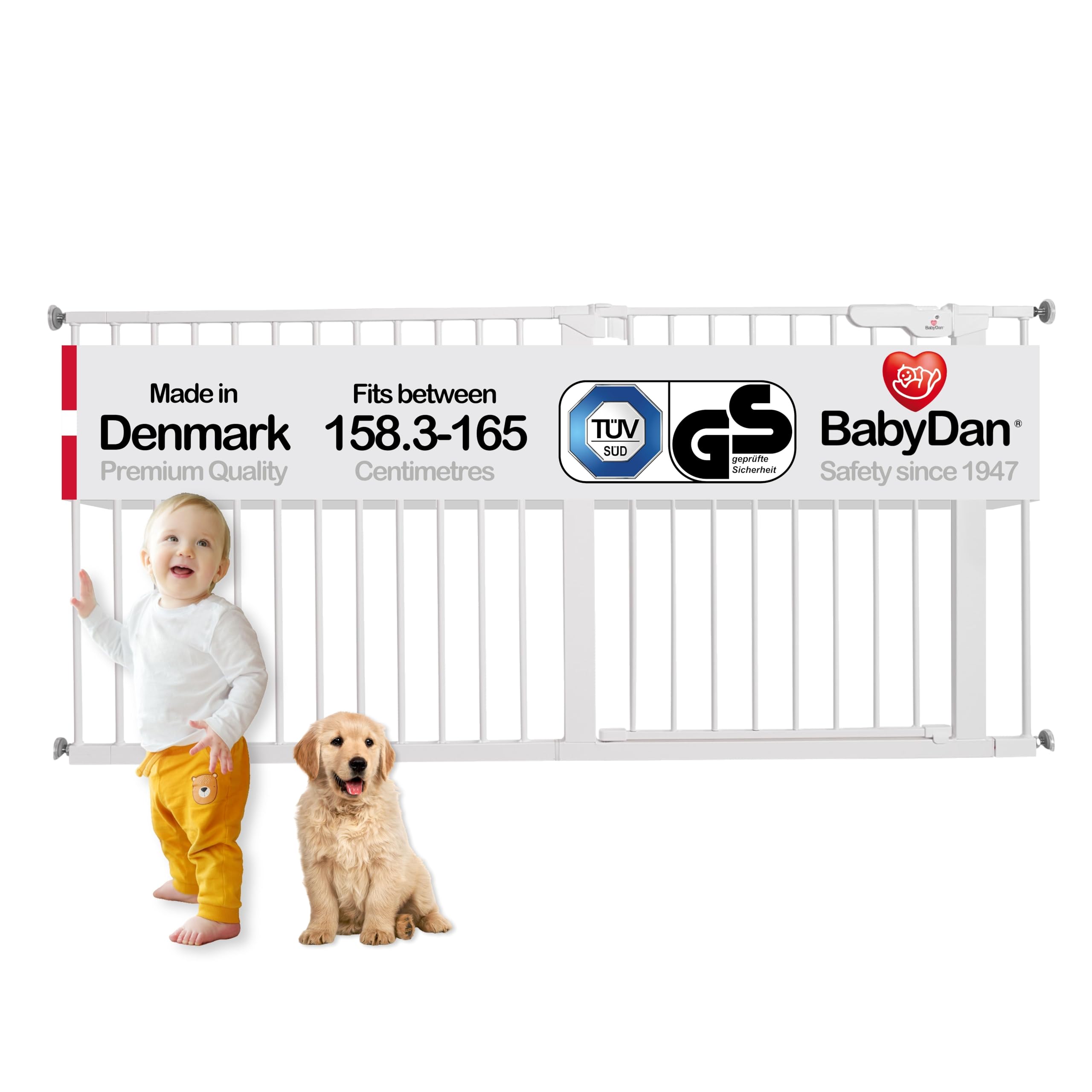 BabyDan Premier, Extra Wide Pressure Fit Stair Gate, 158.3-165 cm, Baby Gate/Safety Gate, Metal, White, Made in Denmark - (Pet Gate/Dog gate)