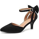 fereshte Women's Kitten Heel Pumps with Bow, Ankle Strap, Pointed Toe, Wedding Evening Dress Shoes